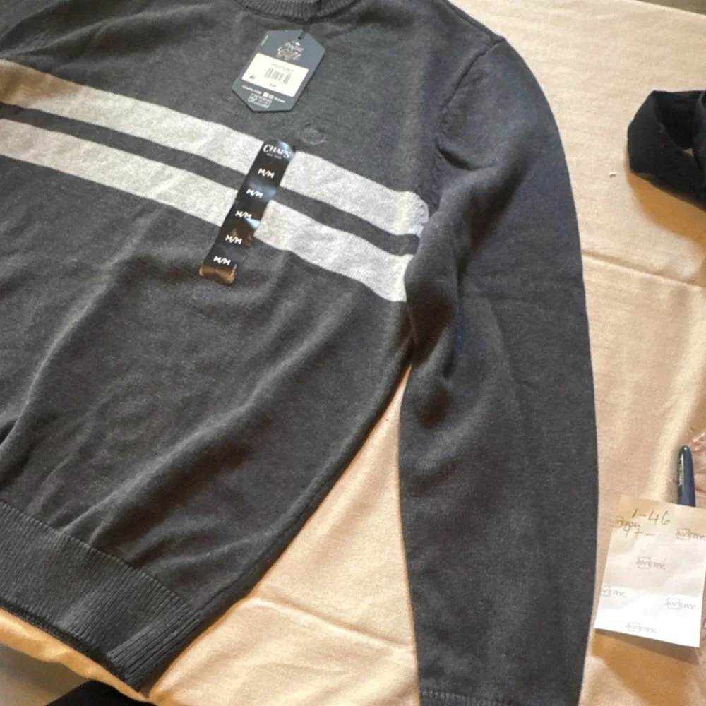 Chaps Men's M‎ Crew Neck Knit Pullover Sweater Gray Striped Long Sleeve Logo